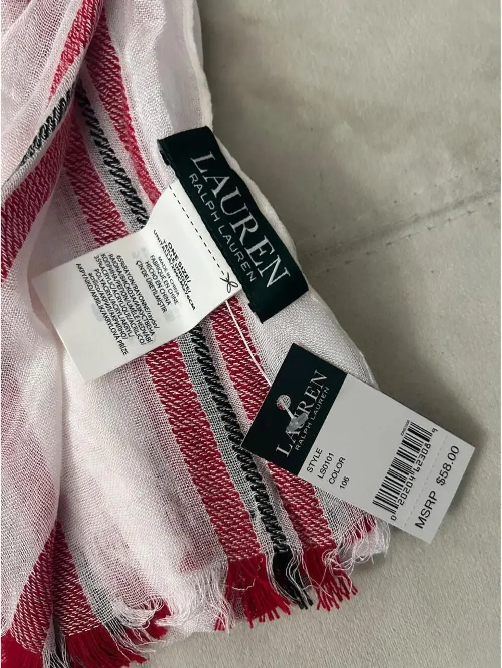 NWT Lauren Ralph Lauren red, white, and black striped fringe scarf